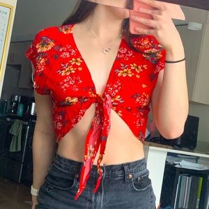Garage Red Floral Tie-front Top